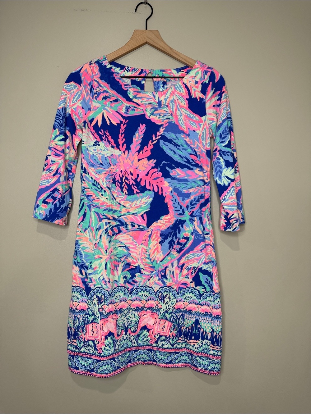 Lilly Pulitzer Bay Dress Sunset Safari 3/4 length sleeves above the knee S